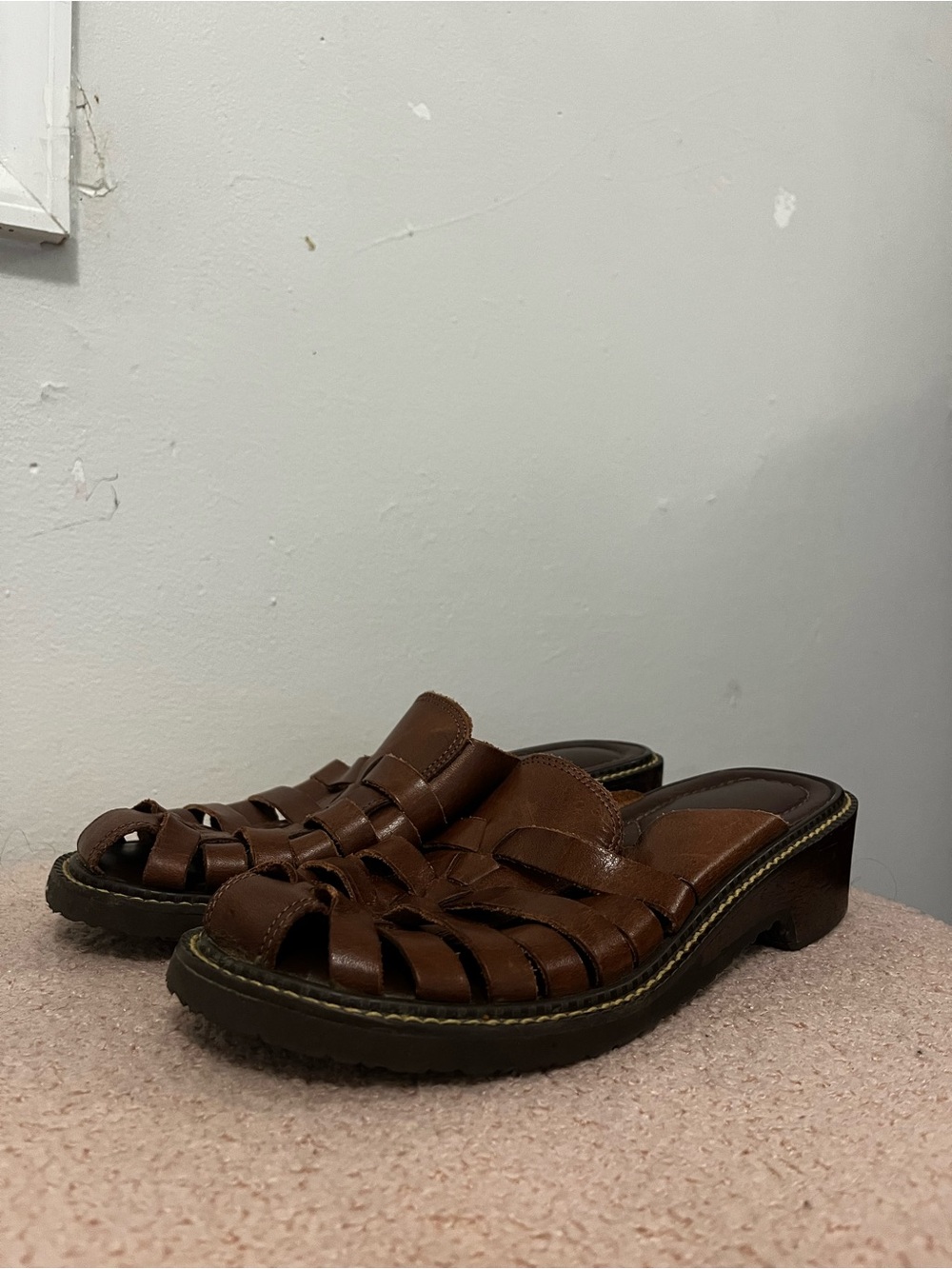 Classic Brown Leather Woven Slide Sandals - Women